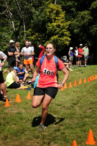 Sarah looking a bit wobbly as she crosses the finish line (Photo by Bruce Levy and Jumbo Holdsworth Trail Race)