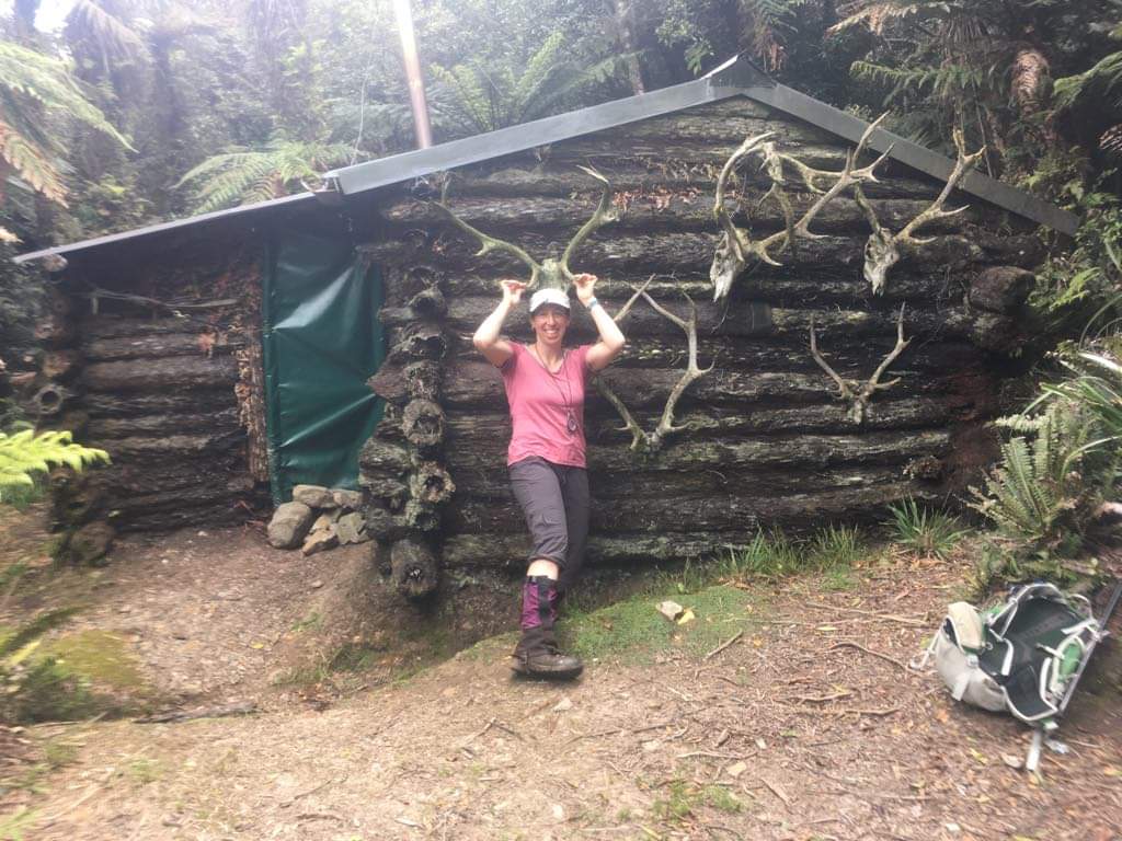 Megan at Punga Hut, also known as Miro Valley Hut