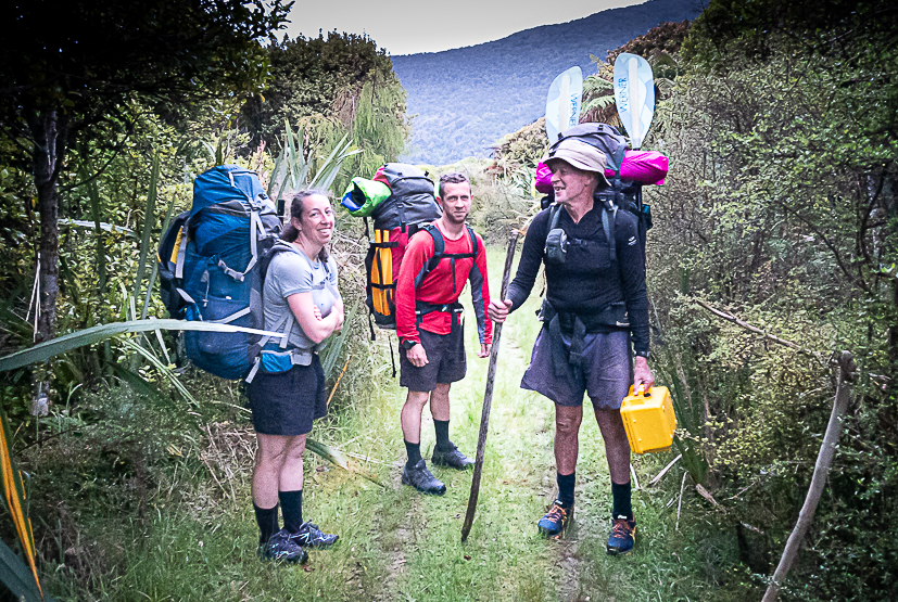 On the way carrying packrafts to Big Bay Fiordland National Pack