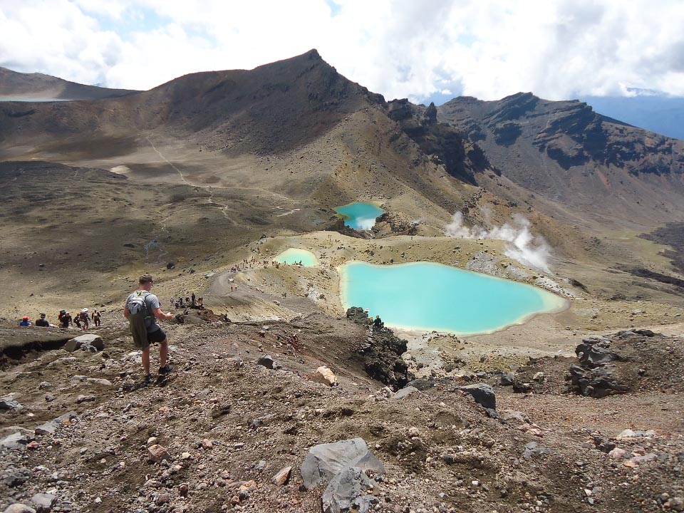 A scoria descent from Red Crater to the three Emerald lakes. Blue Lake is at top left. 11.15 am