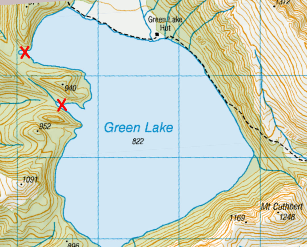 Map of 'unvisited' new lands at Green Lake. Lower X is Landing Spot 1, Upper X is Landing Spot 2