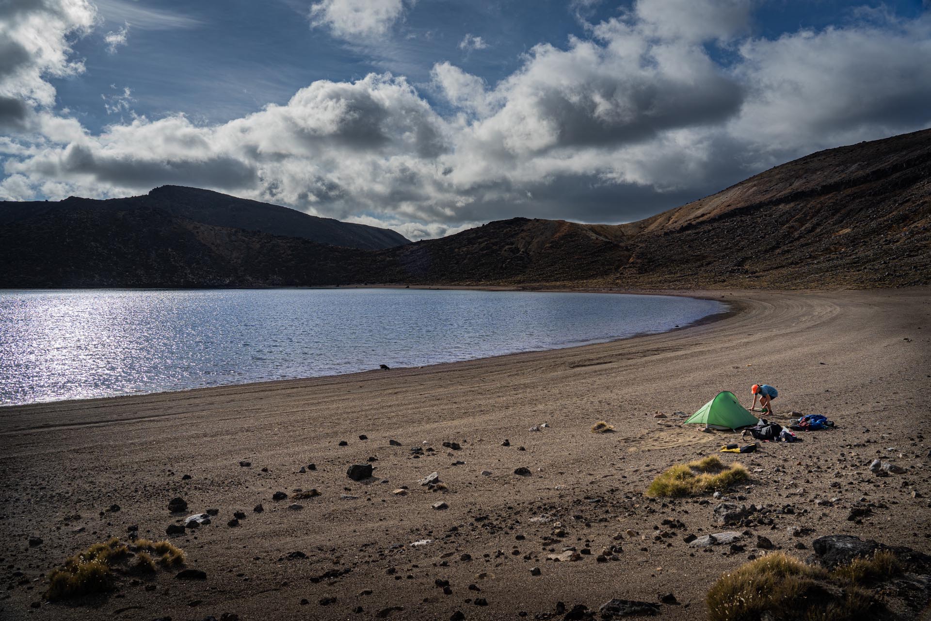 Camping on the shore of Blue Lake, Mt Tongariro.