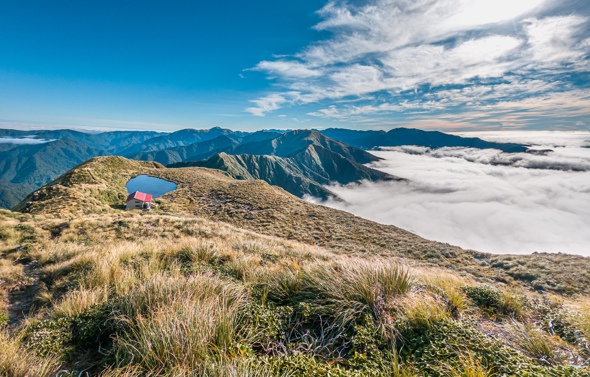 Maungahuka Hut above the clouds in the Tararua Range
