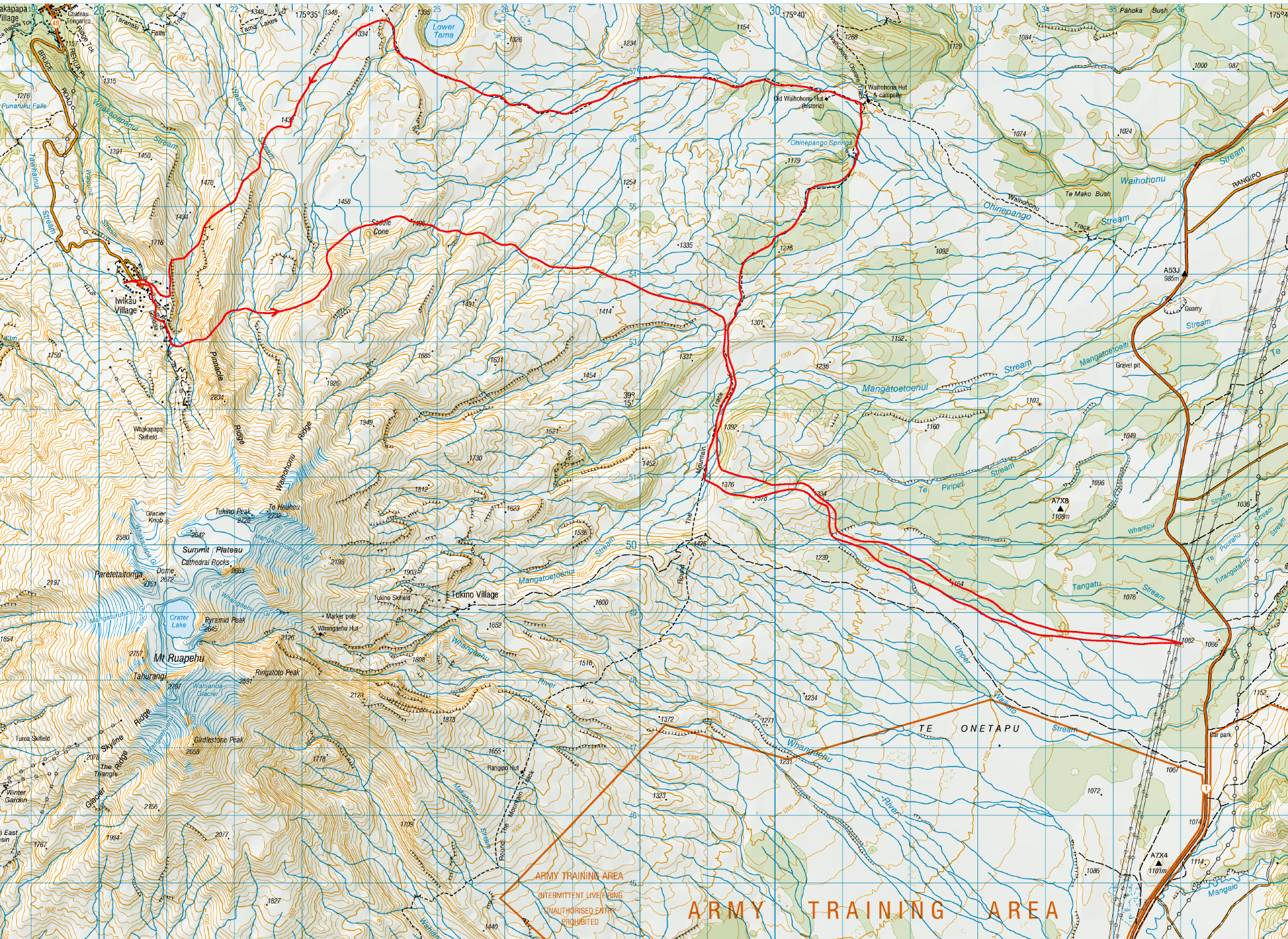 Topo map of the journey from the WTMC Mt Ruapehu Lodge to Te roro o Taiteariki