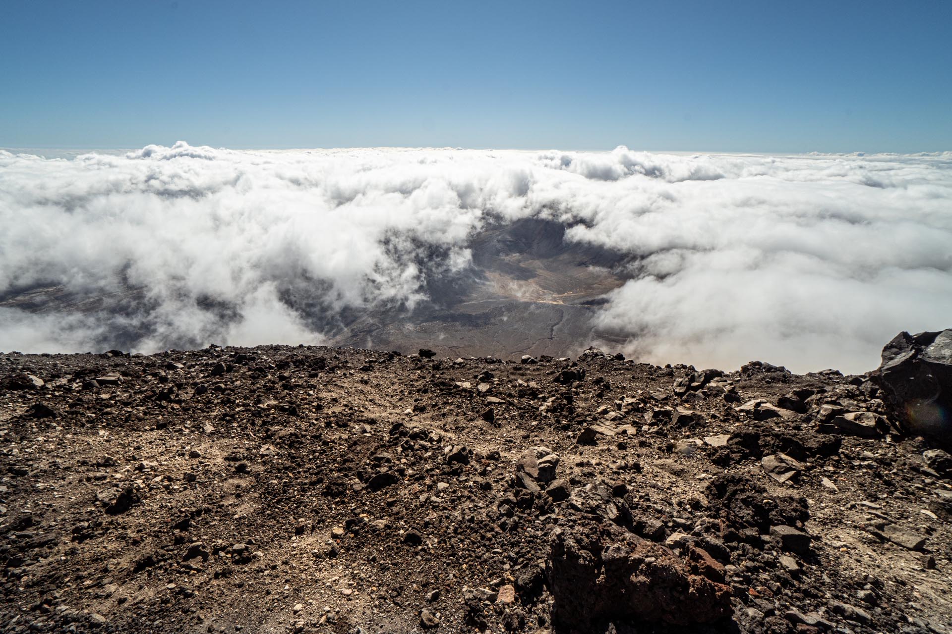 Mt Tongariro South Crater below the clouds