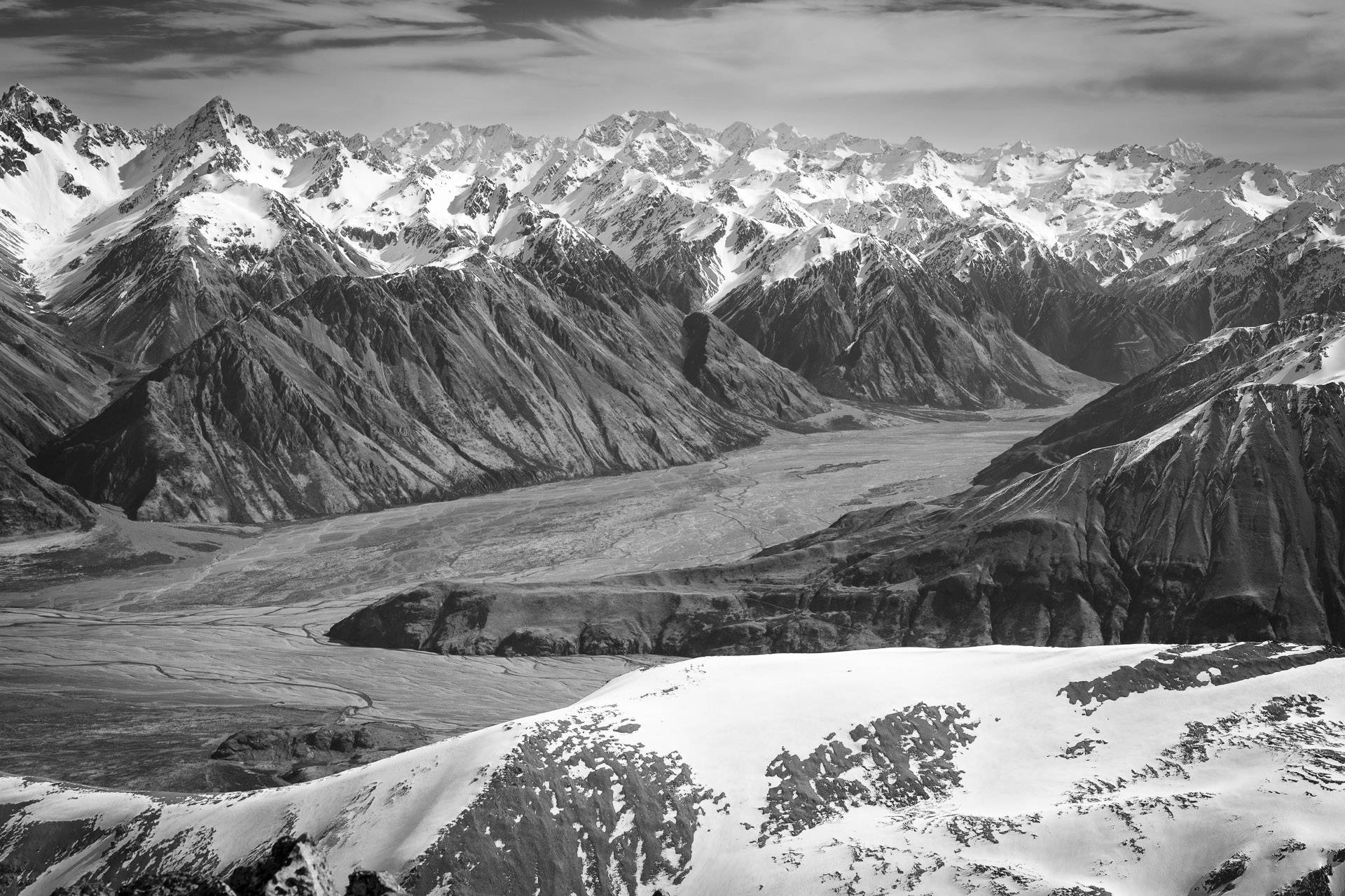 View from Mt Potts. Jumped up Downs lower left, Clyde River centre, Aoraki centre skyline