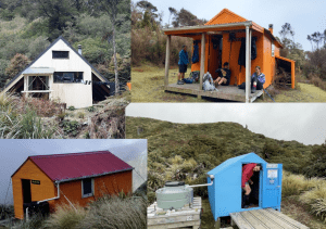 photo collage of backcountry huts in new zealand