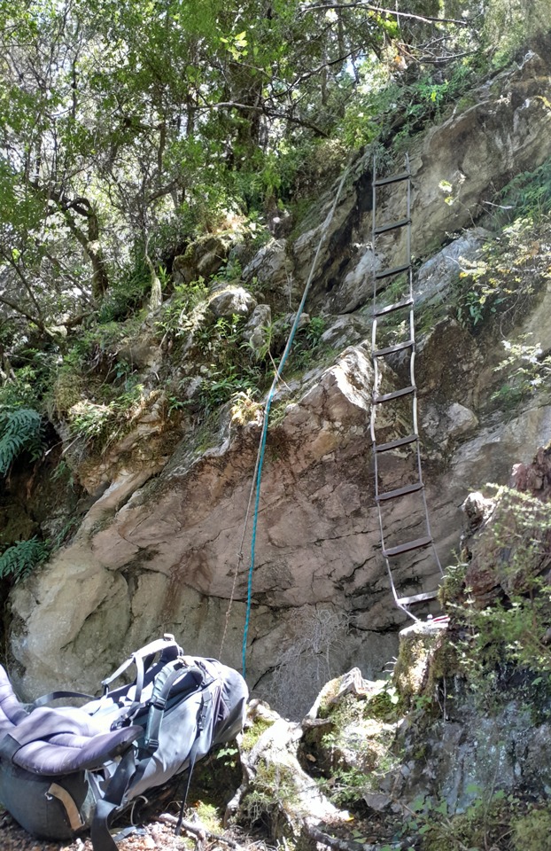 The handy cavers' rope ladder to climb the step section of the Bulmer bluffs