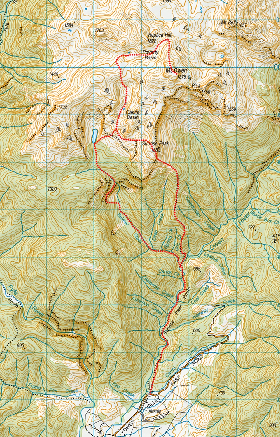 Topographical map with route to the summit of Mt Owen