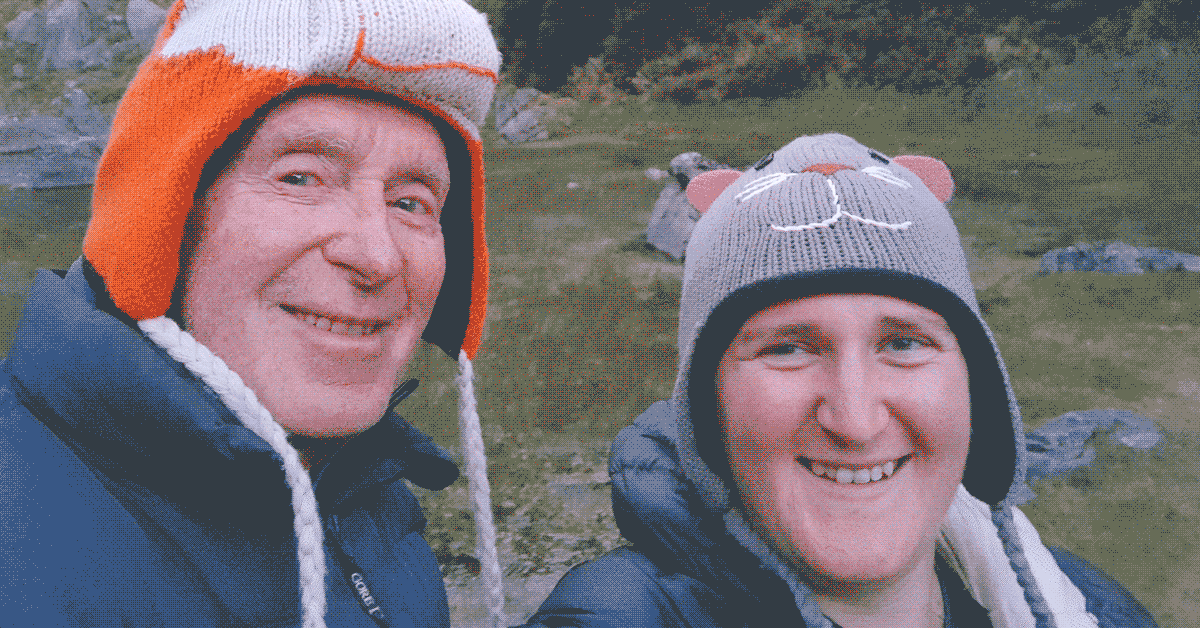 Tony and Sarah selfie with silly hats at Bulmer Lake on the way to Mt Owen