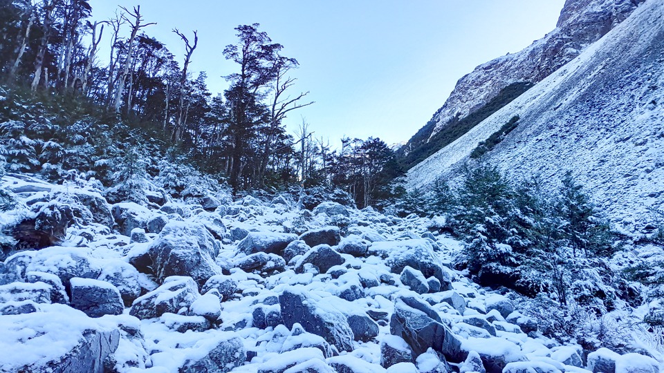 Snow and frost covered boulders, Hukere Stream, Nelson Lakes National Park