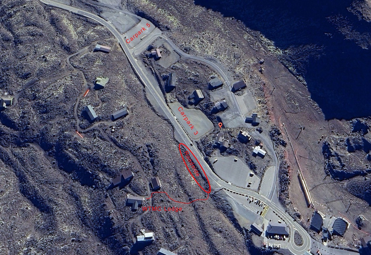 Aerial view of Iwikau Village overnight carparks that are designated for lodge users.