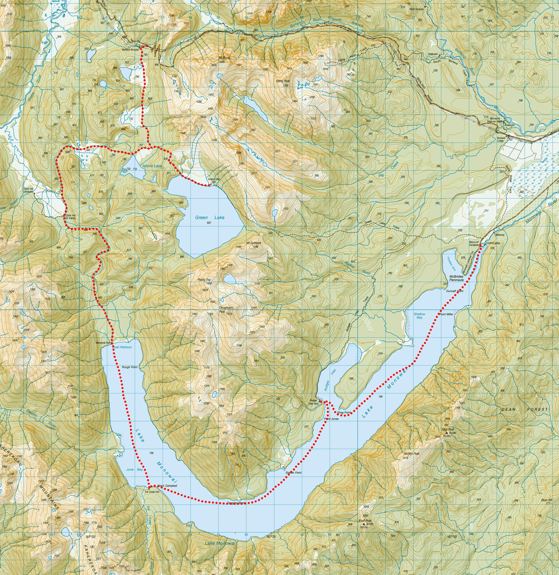 Map of the route to Green Lake then to Lake Monowai