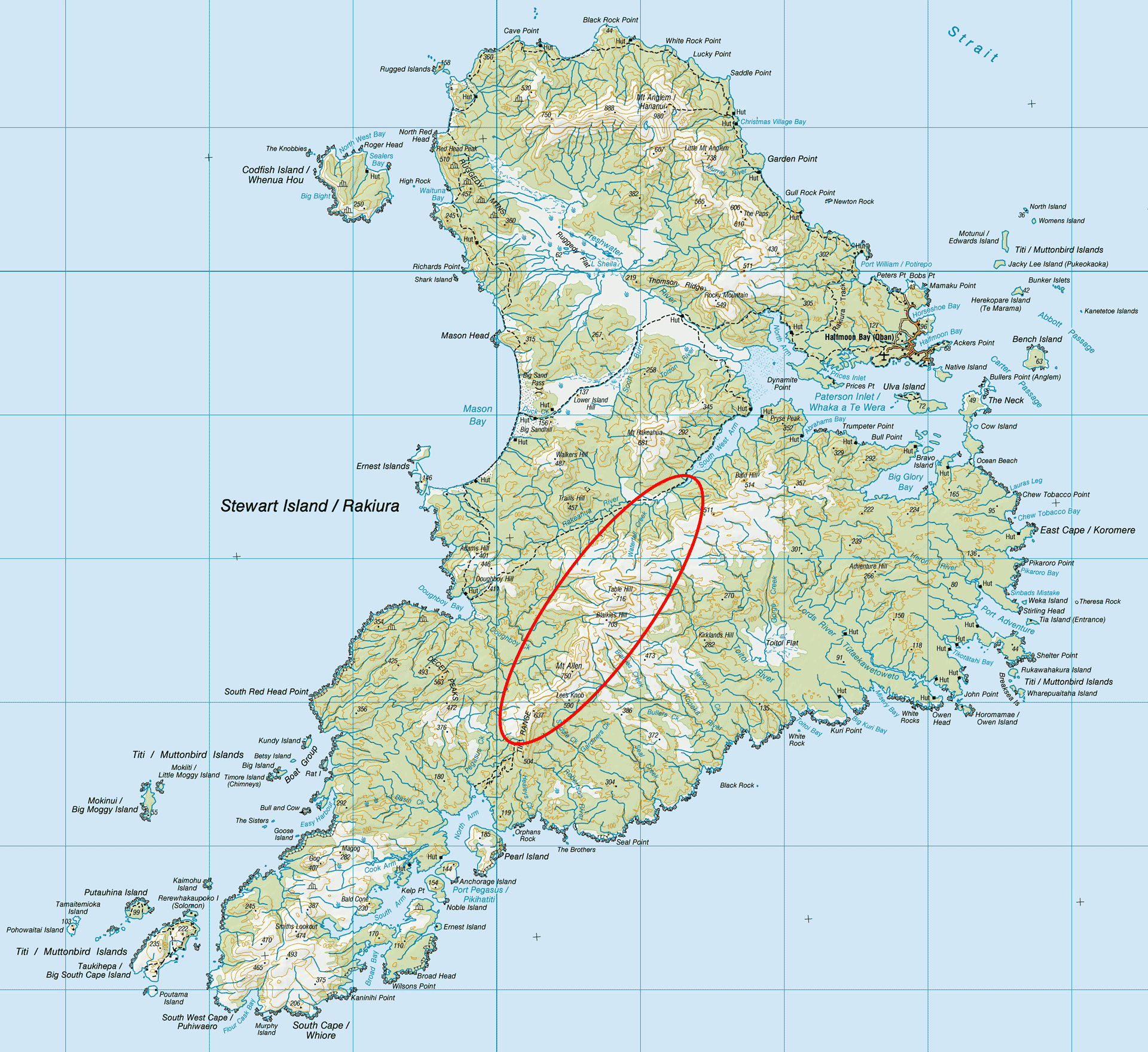 Map of Rakiura showing nesting area of critically endangered southern NZ dotterel