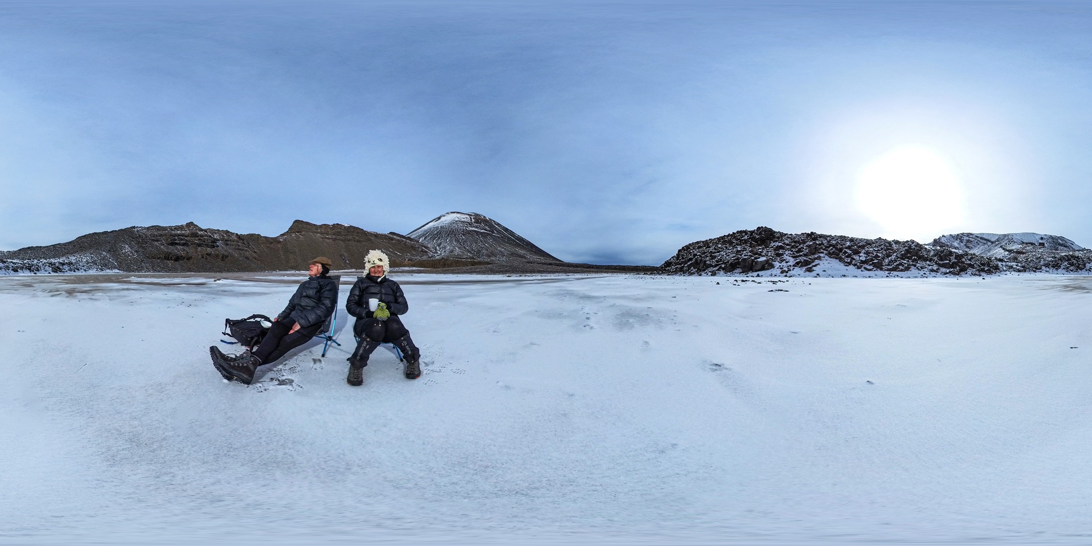 A picnic on a frozen lake near Mt Ngauruhoe in Tongariro National Park