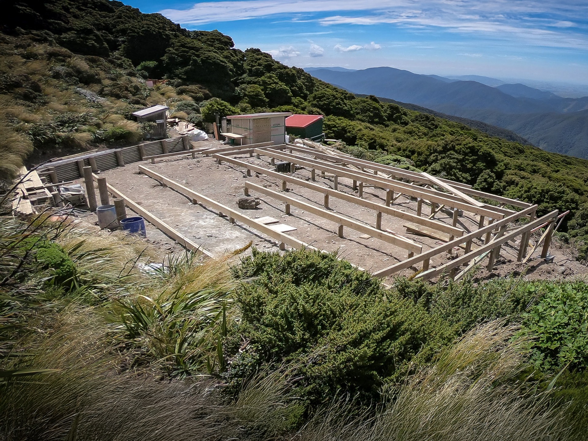 Powell Hut rebuild 2019 showing construction of foundations