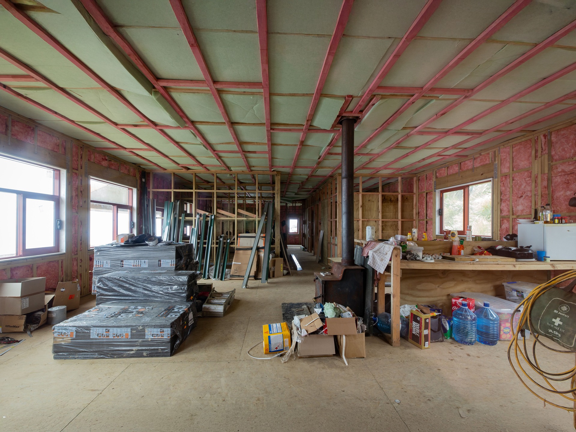 Powell Hut rebuild 2019 showing interoir framing with wall and ceiling insulation