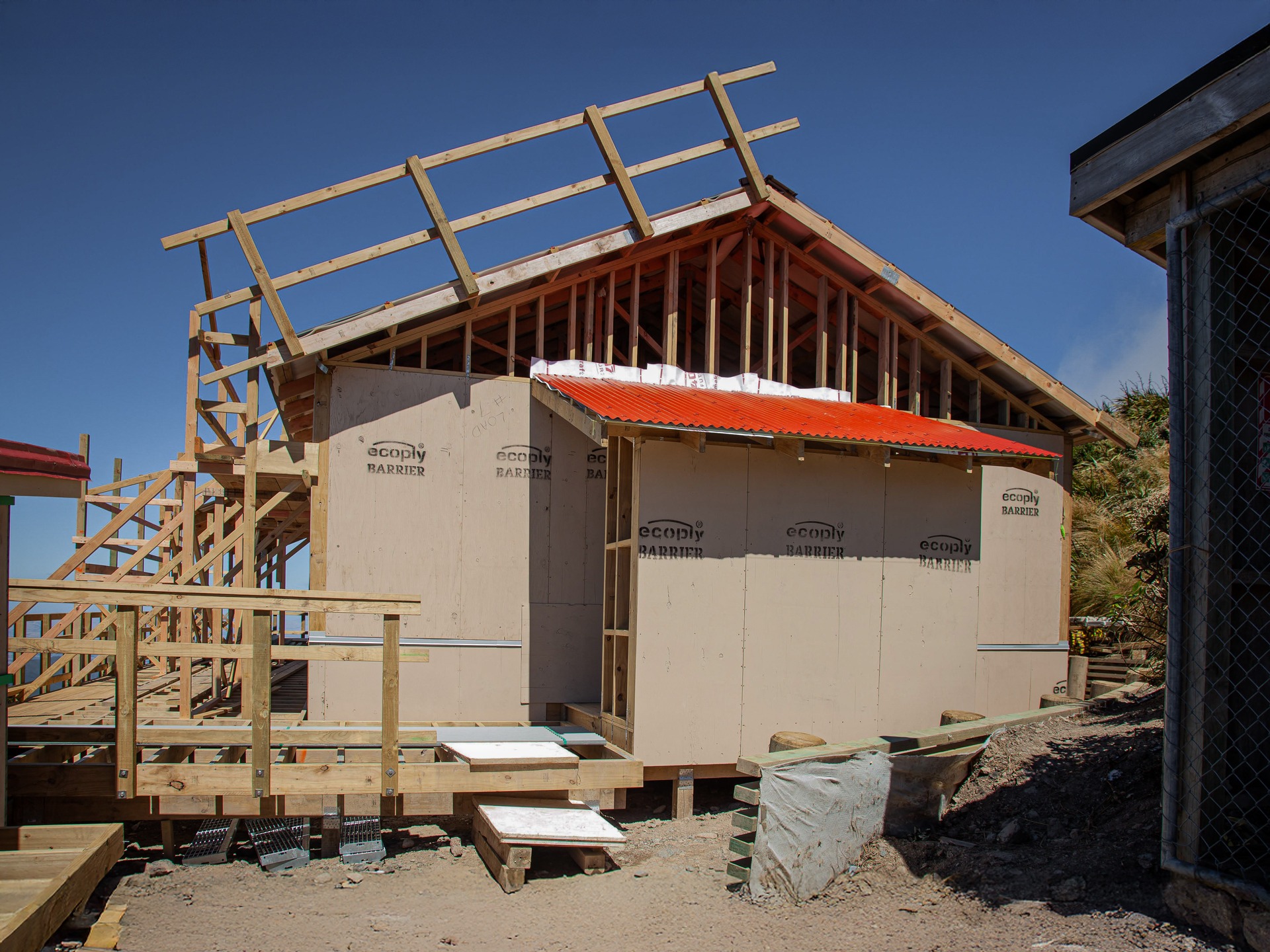 Powell Hut rebuild 2019 showing north wall framing and Rigid Air Barrier (RAB)