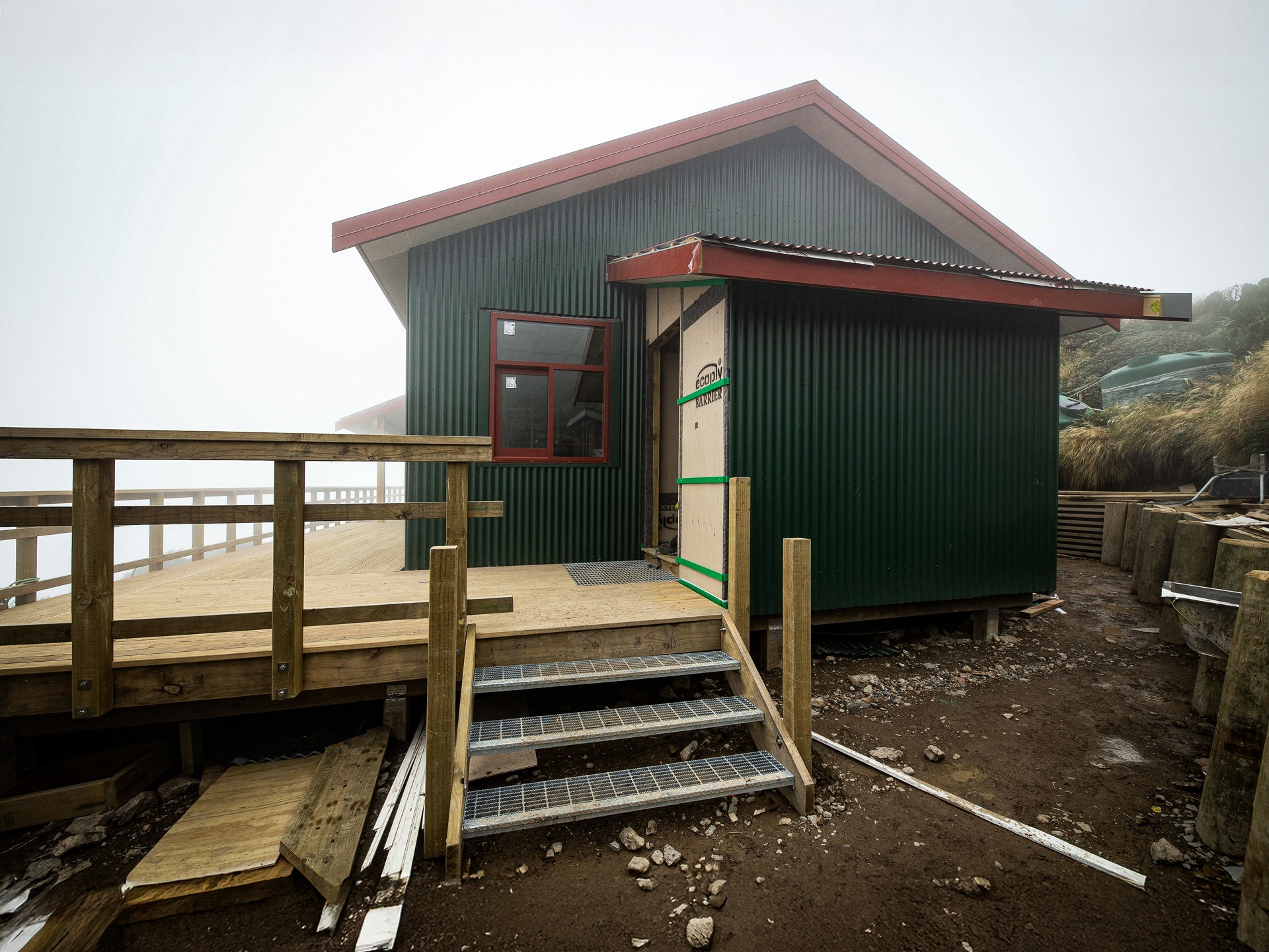 Powell Hut rebuild 2019 showing the north wall cladding - and the HUGE deck