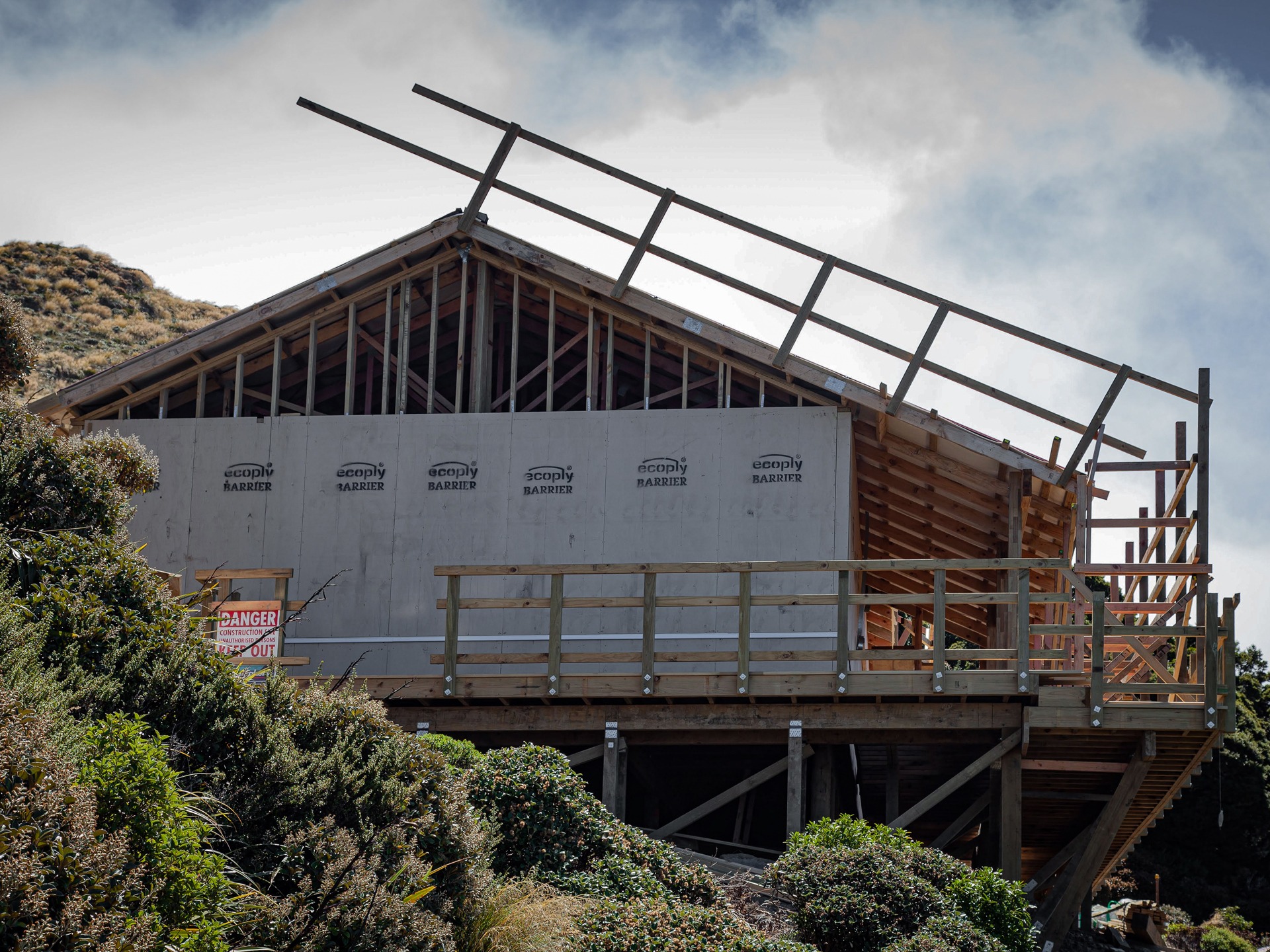 Powell Hut rebuild 2019 showing main structure and sub-floor bracing