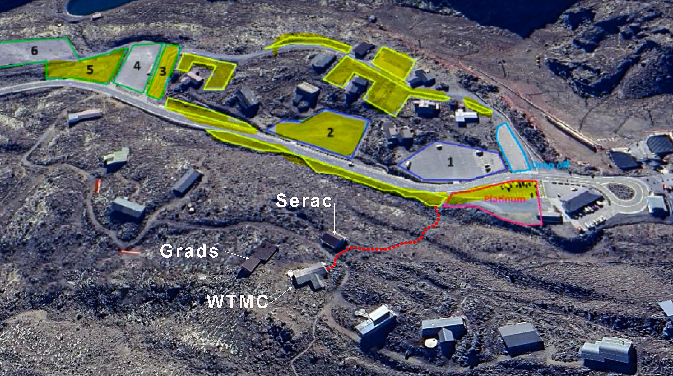 Aerial view of Iwikau Village overnight carparks that are designated for lodge users.