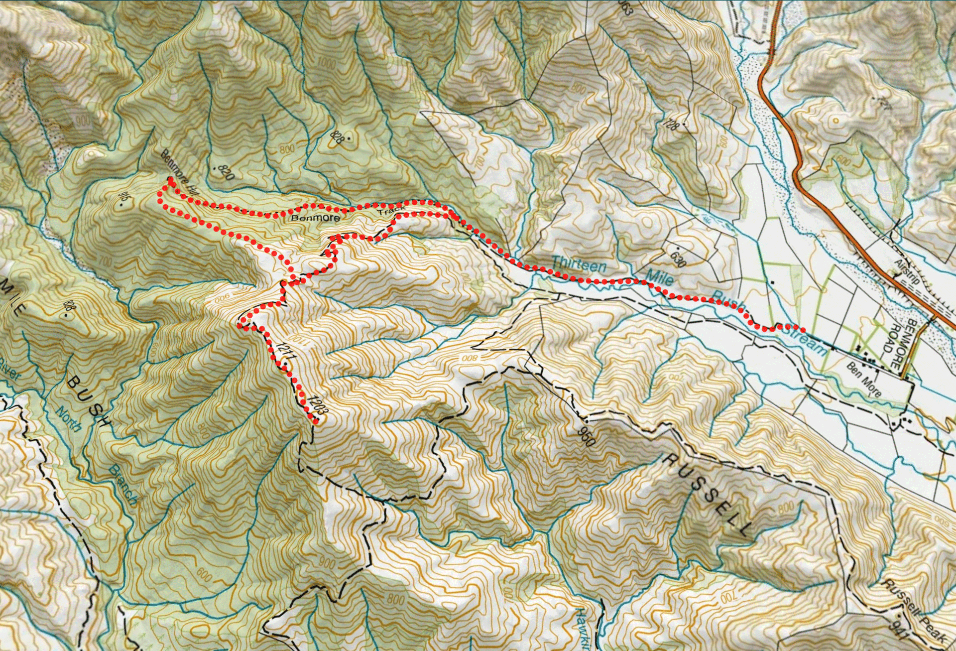 Map of route to Benmore Hut and Sugarloaf circuit in the Korowai/Torlesse Tussocklands Park