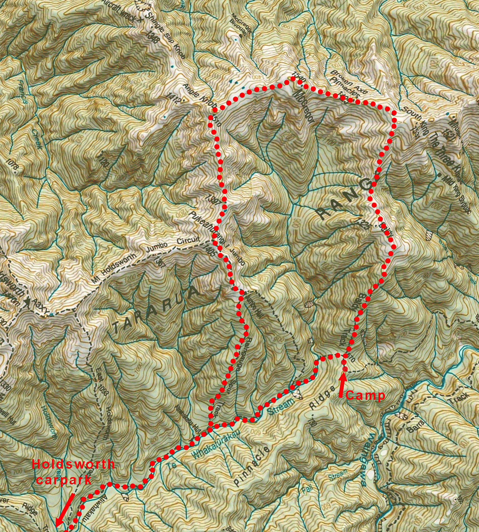 Map of route over the Broken Axe Pinnacles