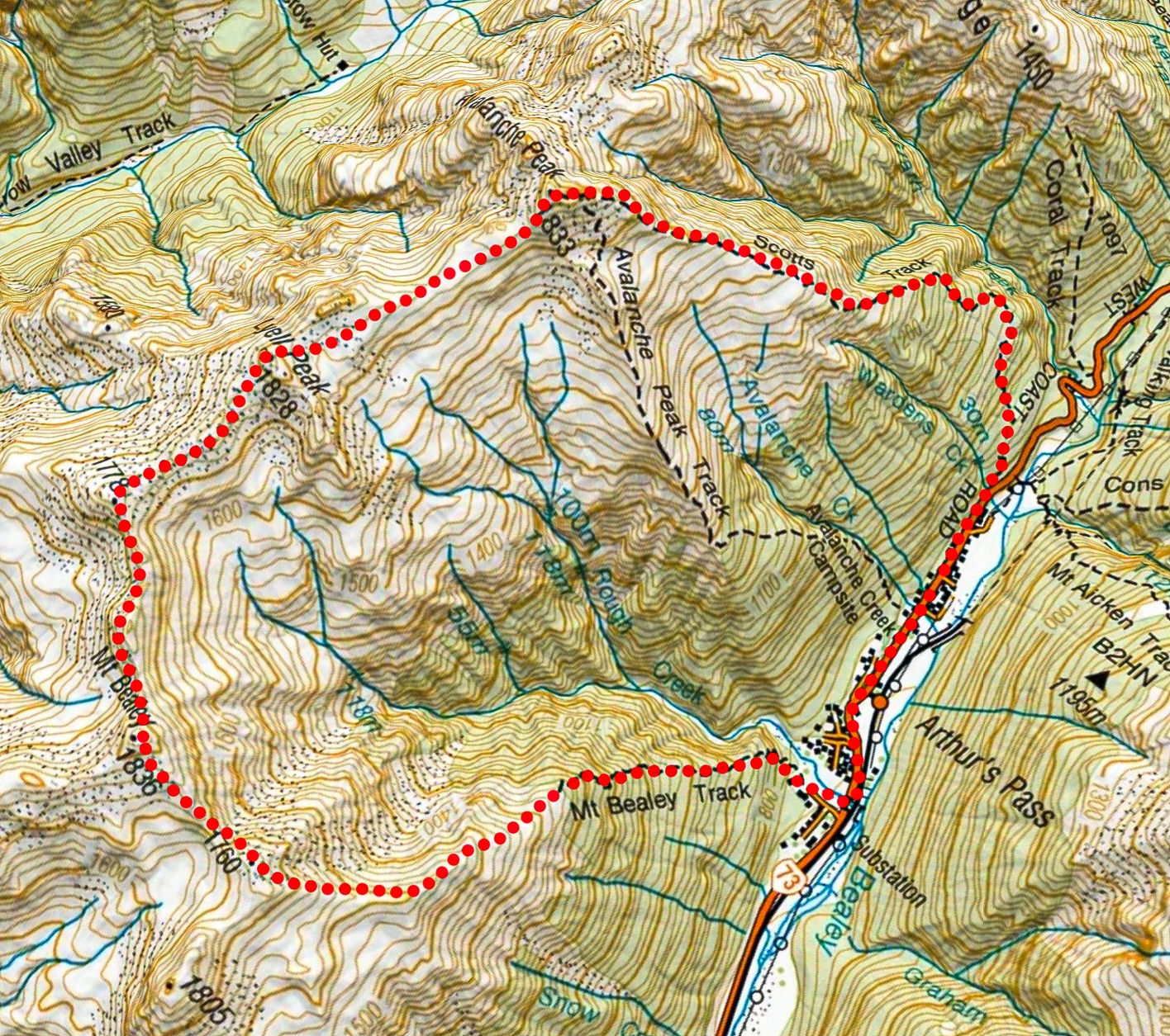 Map of route along ridge from Avalanche Peak to Mt Bealey