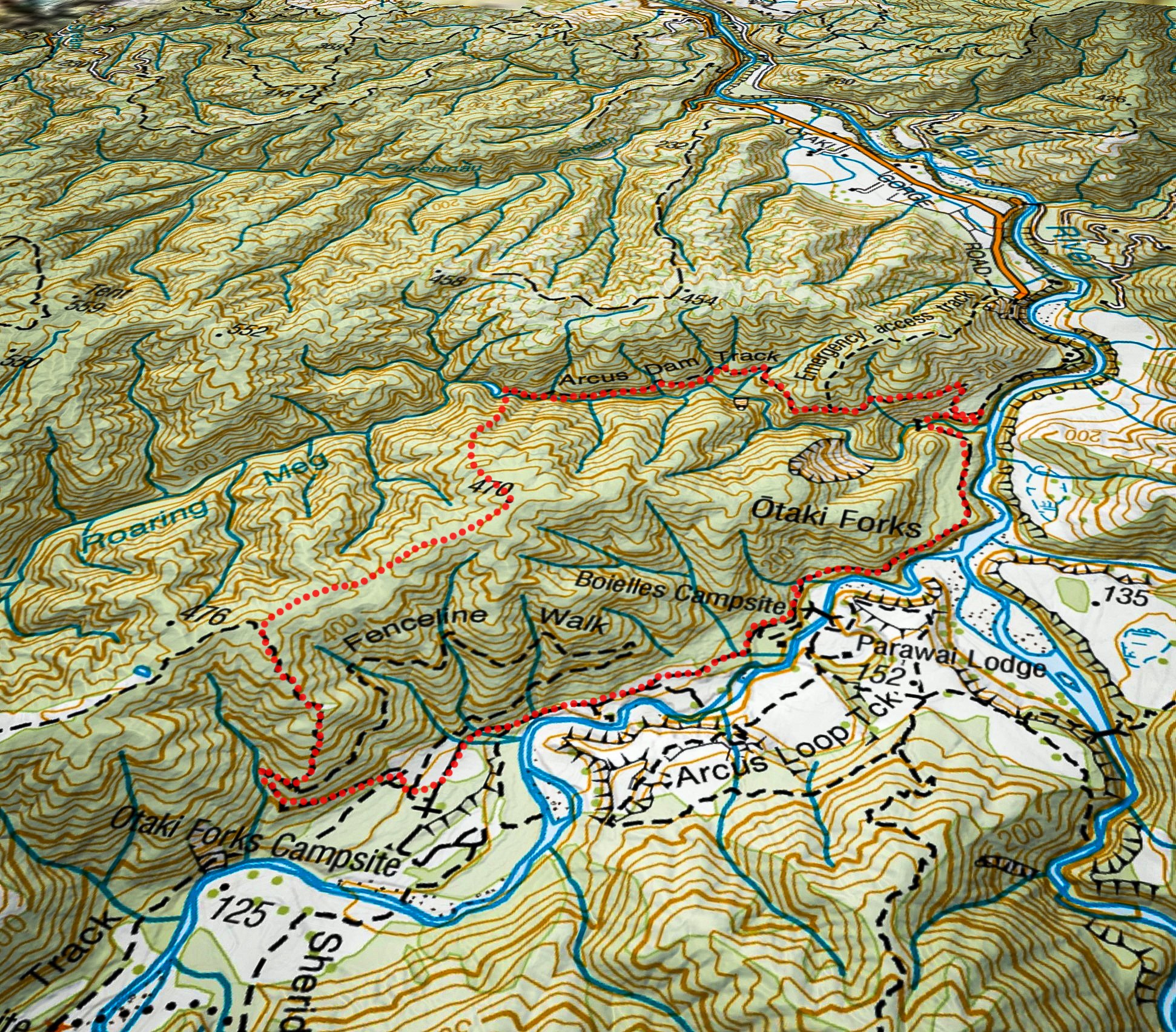 Map of hiking route to Arcus Dam then along the ridge to Otaki Forks