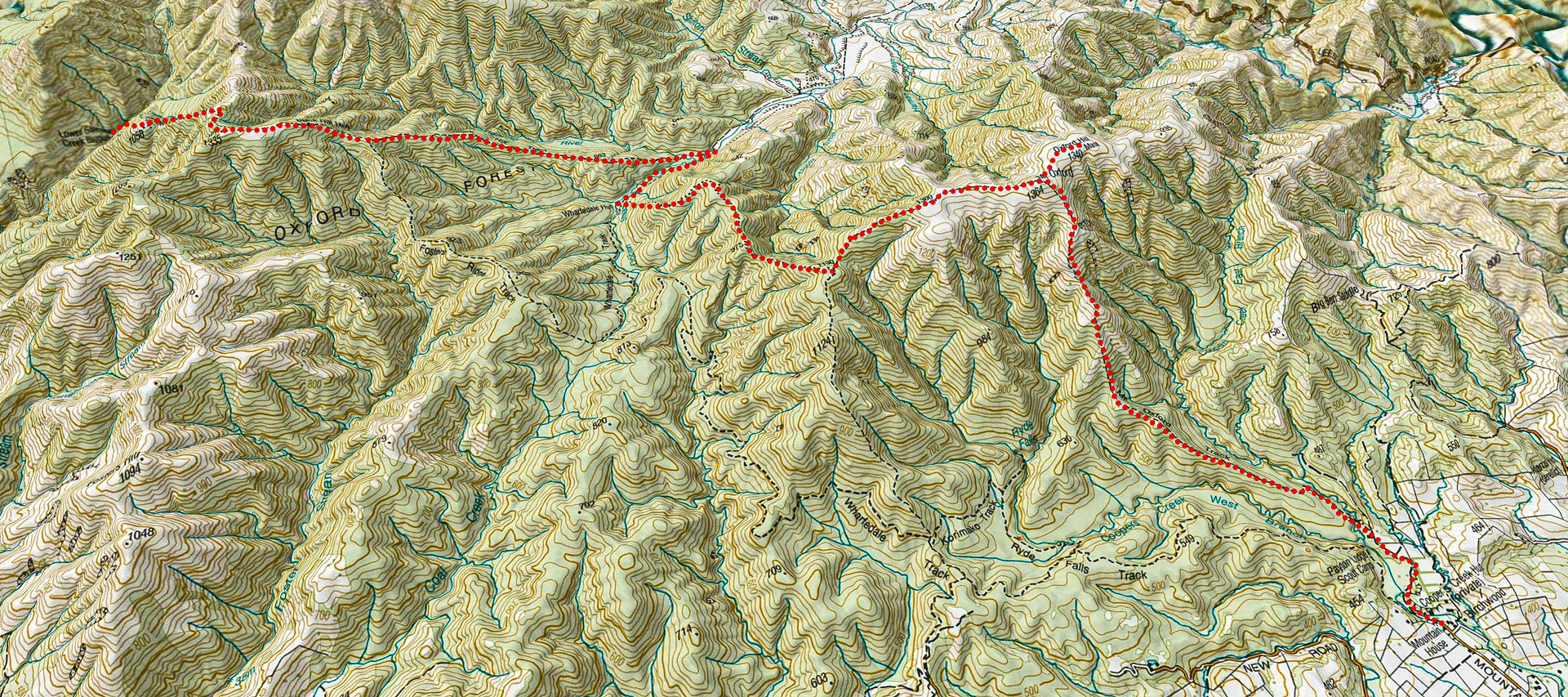 Map of hiking route through the Oxford Forest including a visit to the summit of a snowy Mt Oxford