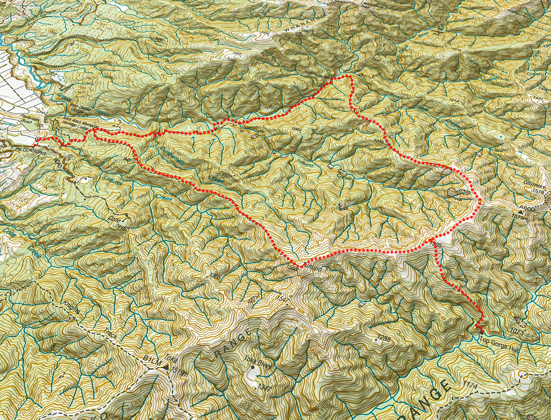 Map of hiking route to Arcus Dam then along the ridge to Otaki Forks