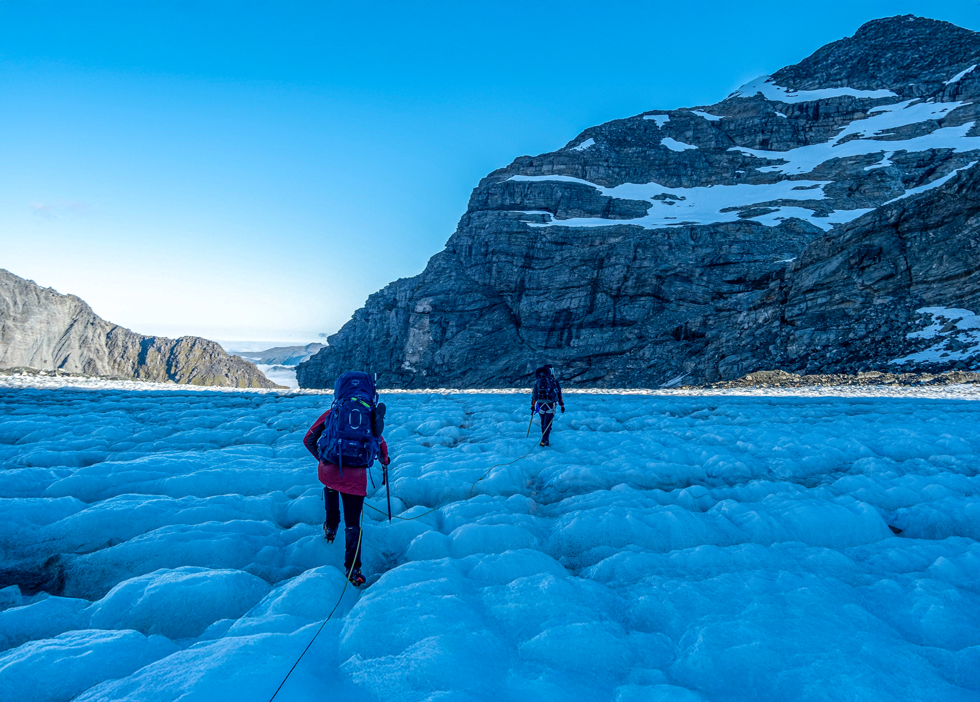  Looking for a route up the cliffs above the Lambert Glacier 